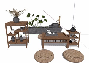 新中式茶桌凳、置物架、水槽组合设计SU(草图大师)模型
