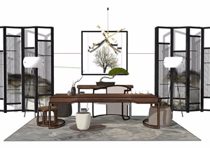 新中式茶桌椅凳屏风、装饰品组合设计SU(草图大师)模型
