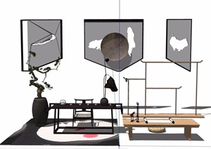 新中式茶桌椅凳组合设计SU(草图大师)模型