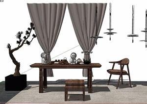 新中式茶桌椅凳、盆栽、窗帘组合设计SU(草图大师)模型