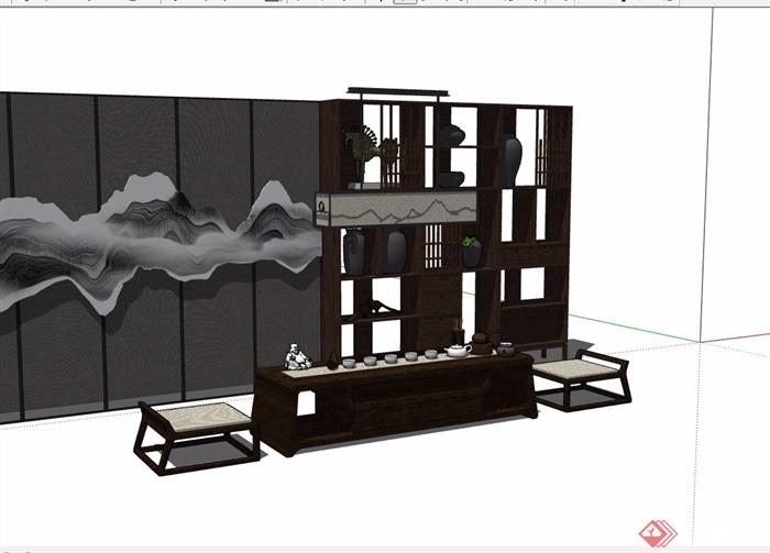 新中式茶桌凳、柜子、屏风、灯饰组合设计su模型