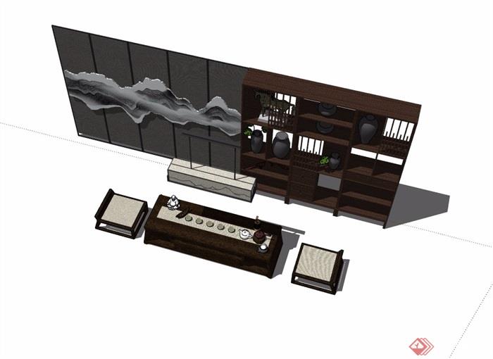 新中式茶桌凳、柜子、屏风、灯饰组合设计su模型