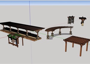 六种不同的木质廊架素材设计SU(草图大师)模型