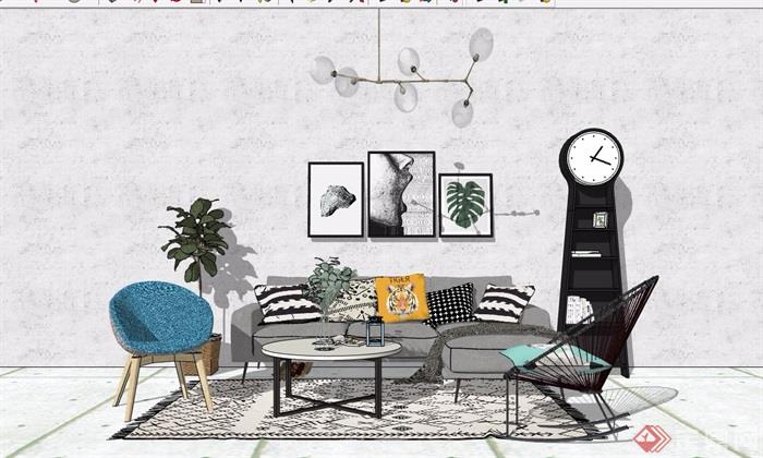 现代住宅室内客厅沙发茶几装饰设计su模型