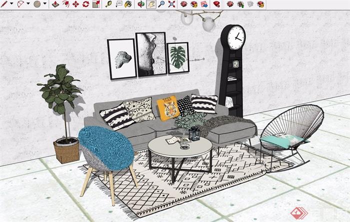 现代住宅室内客厅沙发茶几装饰设计su模型