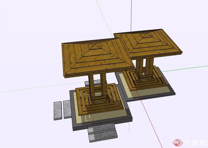 园林景观详细节点木质亭子su模型及效果图施工图