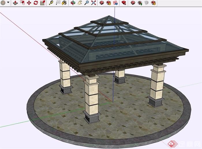 园林景观玻璃亭子su模型及效果图