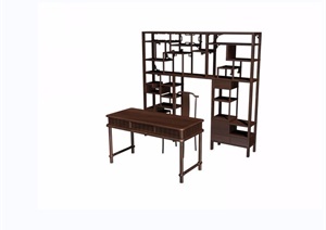 银丝龙纹书桌椅、书架素材设计3d模型及效果图