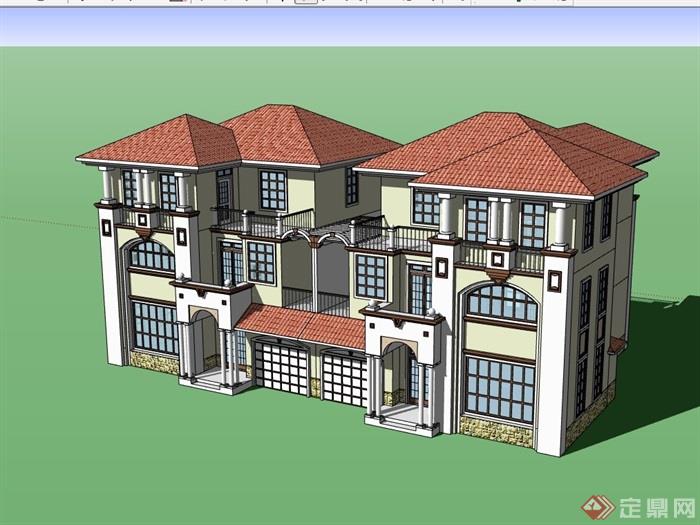 欧式风格详细的精致双拼住宅别墅设计su模型