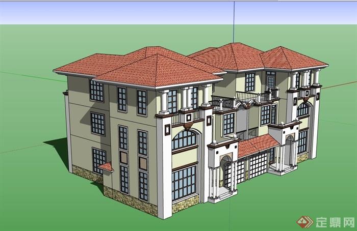 欧式风格详细的精致双拼住宅别墅设计su模型