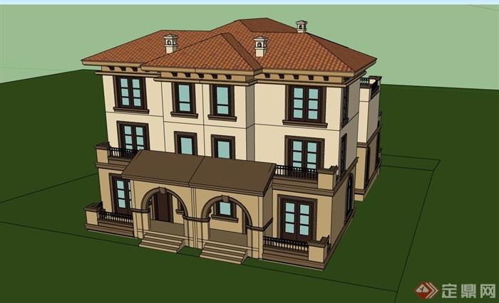 欧式风格详细的三层住宅别墅设计su模型