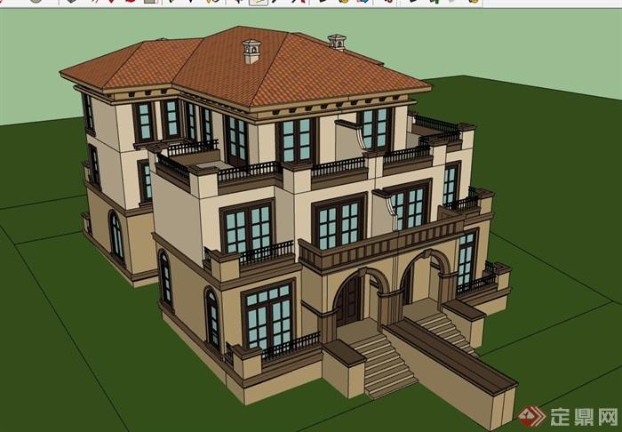 欧式风格详细的三层住宅别墅设计su模型