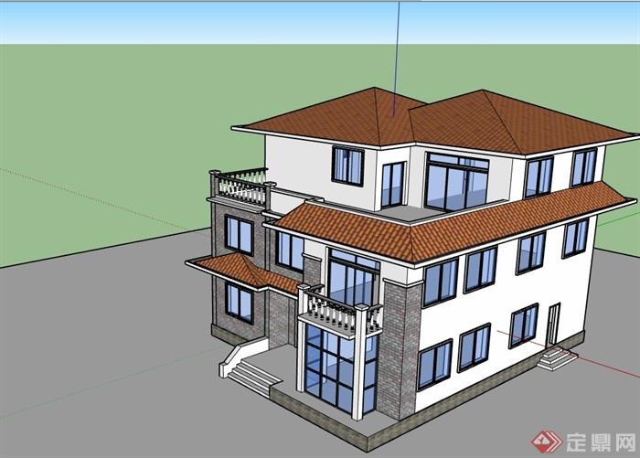 三层乡村别墅住宅建筑设计su模型