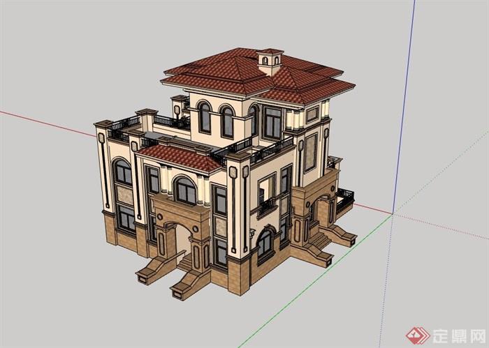 某欧式独栋详细的经典住宅别墅设计su模型