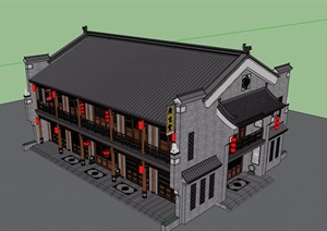 中式风格详细的经典商业楼设计SU(草图大师)模型