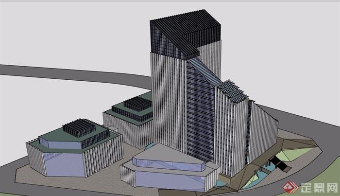 某现代风格高层生态办公建筑楼设计su模型及效果图