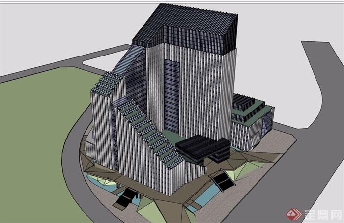 某现代风格高层生态办公建筑楼设计su模型及效果图