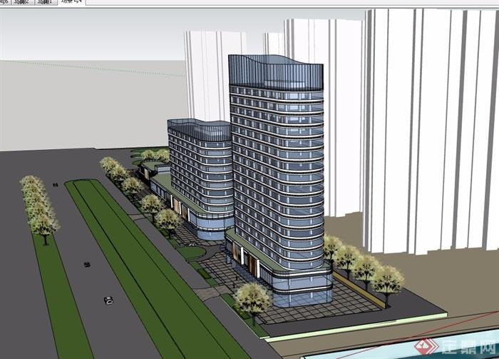 高低塔商业办公综合体建筑设计su模型