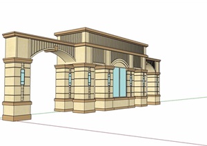 某现代详细的小区住宅完整大门设计SU(草图大师)模型