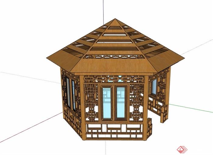 中式独特防腐木廊架素材设计su模型