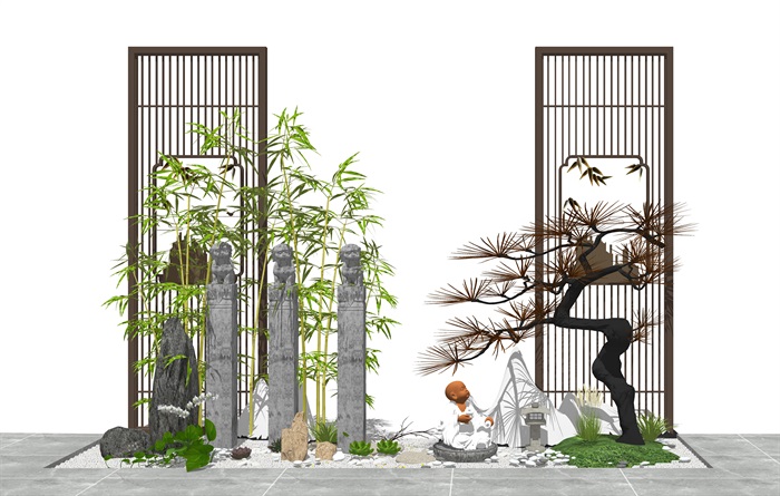 新中式景观小品 庭院景观 石头 佛像 植物 隔断组合(1)