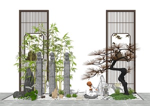 新中式景观小品 庭院景观 石头 佛像 植物 隔断组合SU(草图大师)模型