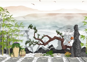 新中式景观小品 庭院景观 石板  假山石头 陶罐 花钵花盆 植物SU(草图大师)模型