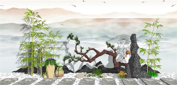 新中式景观小品 庭院景观 石板  假山石头 陶罐 花钵花盆 植物(2)