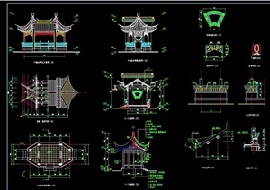 古典中式六角组合亭子素材cad施工图