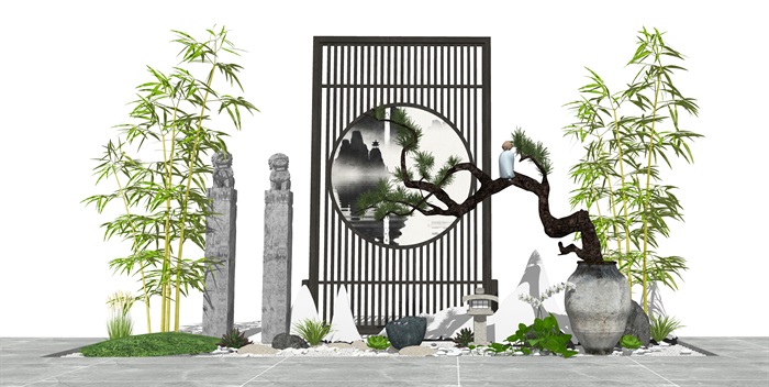 新中式庭院景观 景观小品 陶罐植物 隔断 石头组合(1)