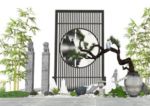 新中式庭院景观 景观小品 陶罐植物 隔断 石头组合SU(草图大师)模型