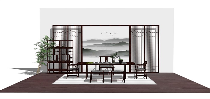 新中式禅意桌椅摆件su模型(10)