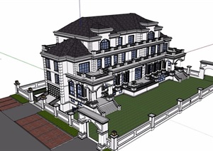 美式风格详细的多层别墅设计SU(草图大师)模型