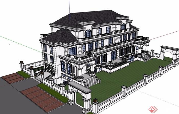美式风格详细的多层别墅设计su模型