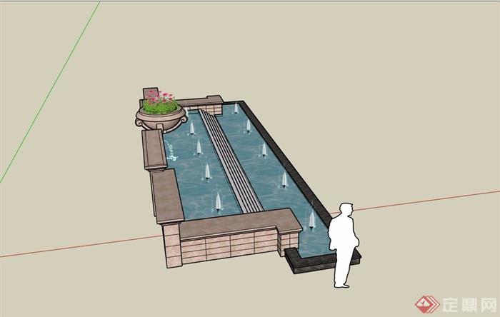 园林景观详细的喷泉水池景观设计su模型