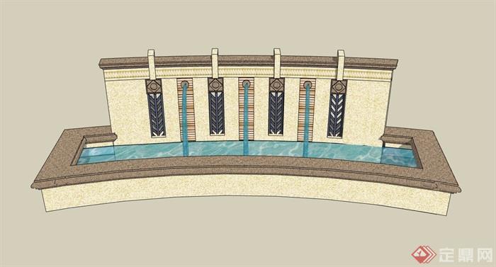 现代风格详细的喷泉水池景墙设计su模型