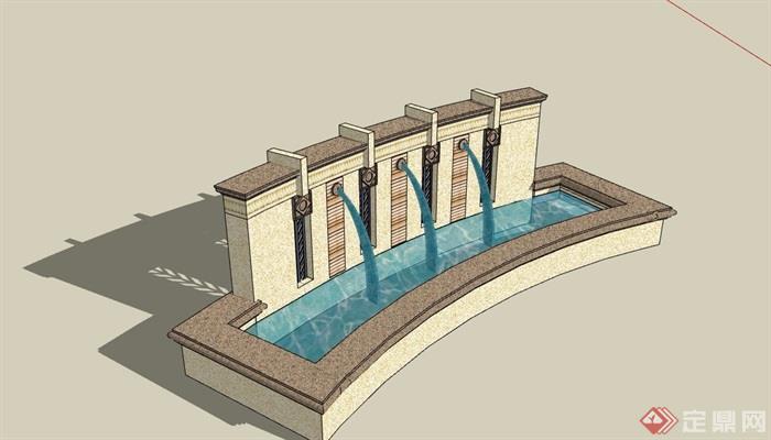 现代风格详细的喷泉水池景墙设计su模型