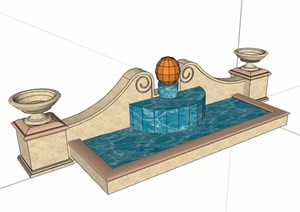 欧式风格详细的水池景墙设计SU(草图大师)模型