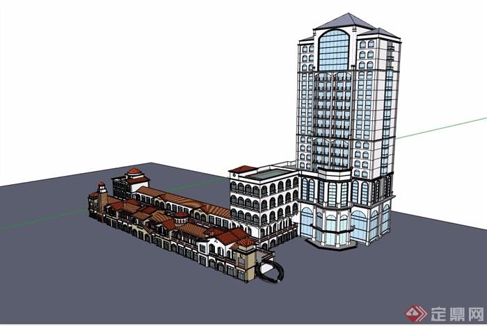 西班牙风格商业街+酒店建筑设计su模型