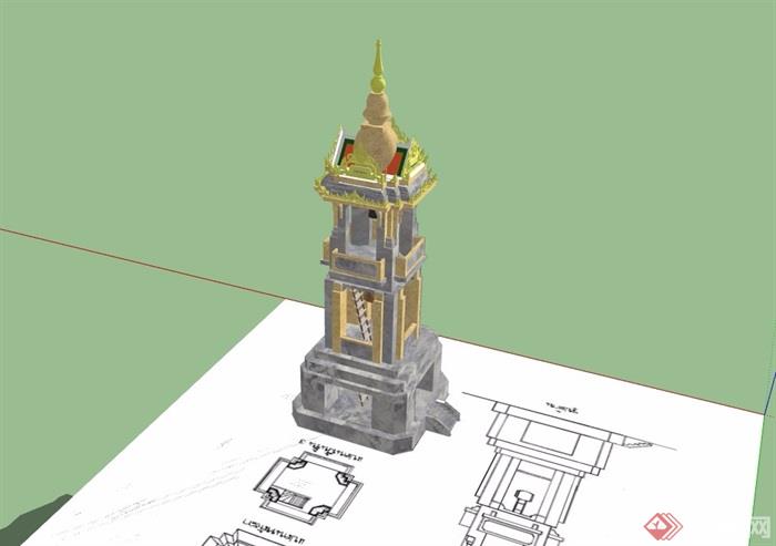东南亚风格详细的景观塔素材设计su模型