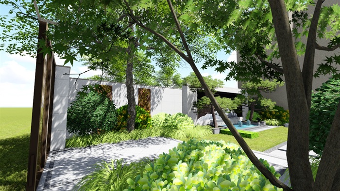 新中式别墅庭院景观设计su模型(3)
