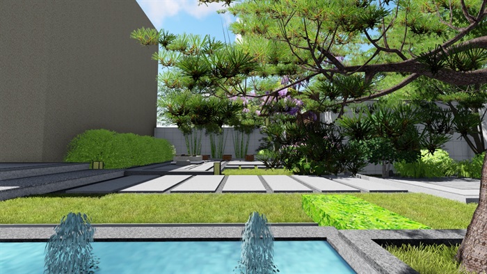 新中式别墅庭院景观设计su模型(7)