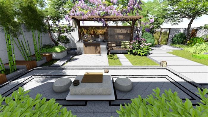 新中式别墅庭院景观设计su模型(10)