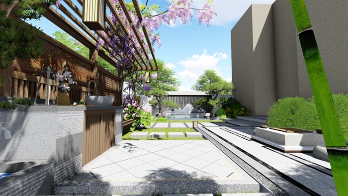 新中式别墅庭院景观设计su模型(13)