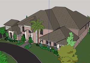 美式风格详细的完整住宅别墅设计SU(草图大师)模型