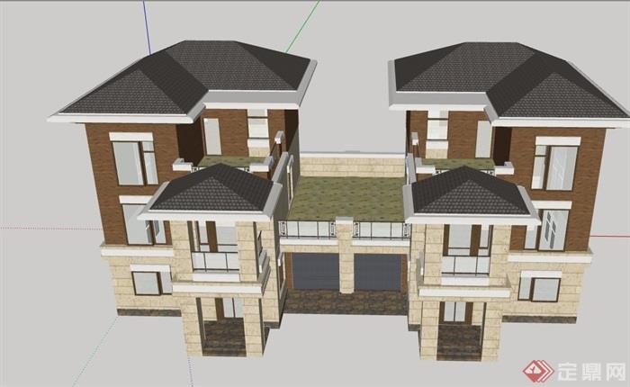 欧式风格详细的完整双拼住宅别墅设计su模型