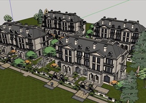 美式风格详细的完整住宅小区别墅设计SU(草图大师)模型