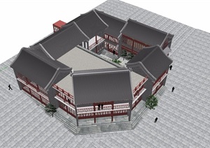 古典中式风格街边详细多层商业楼设计SU(草图大师)模型