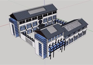 中式风格详细的完整多层办公建筑楼设计SU(草图大师)模型