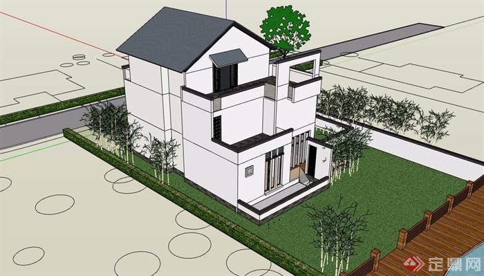 现代中式风格详细的私人住宅别墅设计su模型
